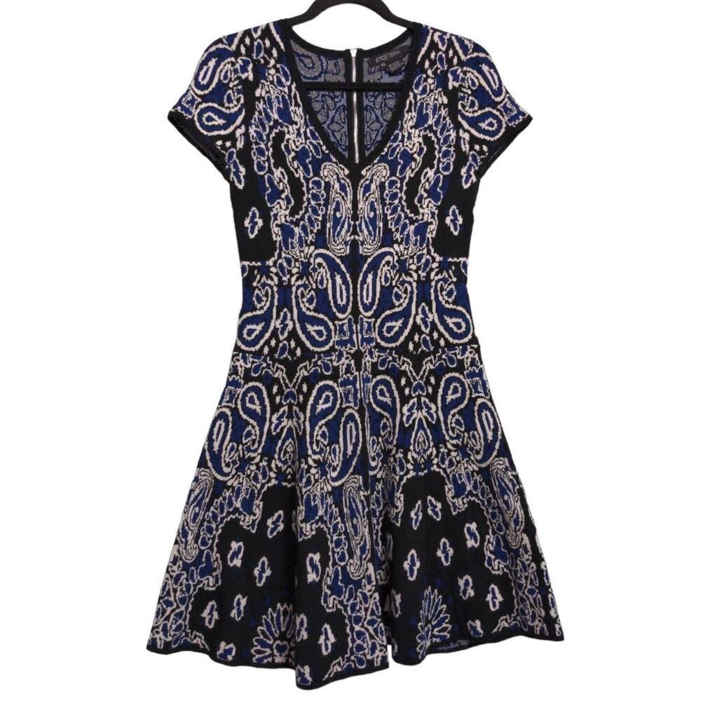 Etcetera Womens Fit & Flare Dress Blue Paisley Piped V Neck Cap Sleeve Zip XS